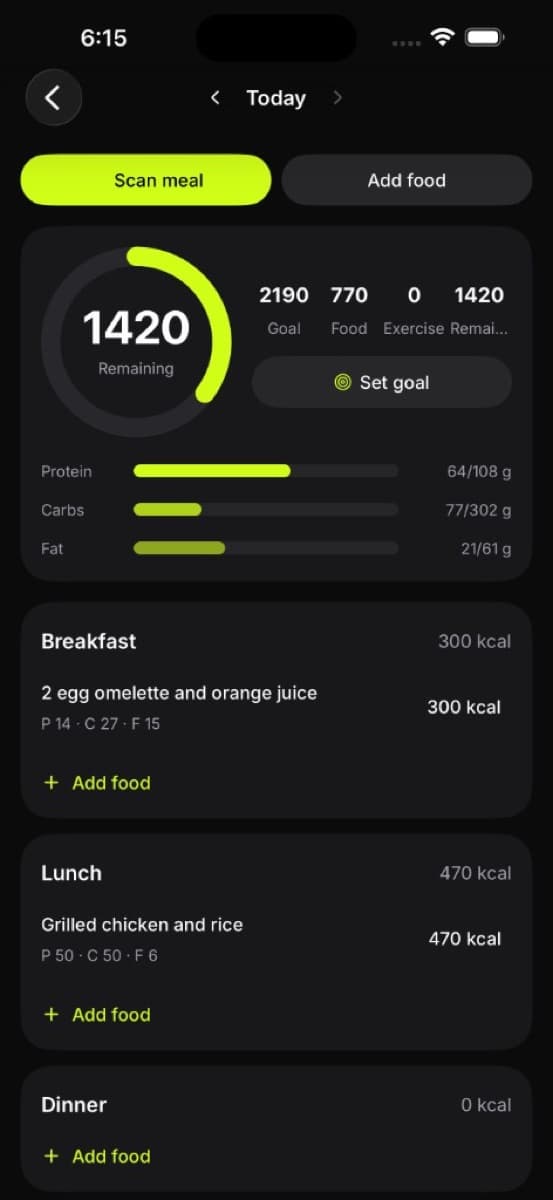 Fitsana nutrition screen with calorie ring and meal log