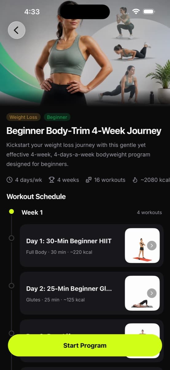 Fitsana program screen with a 4-week workout schedule