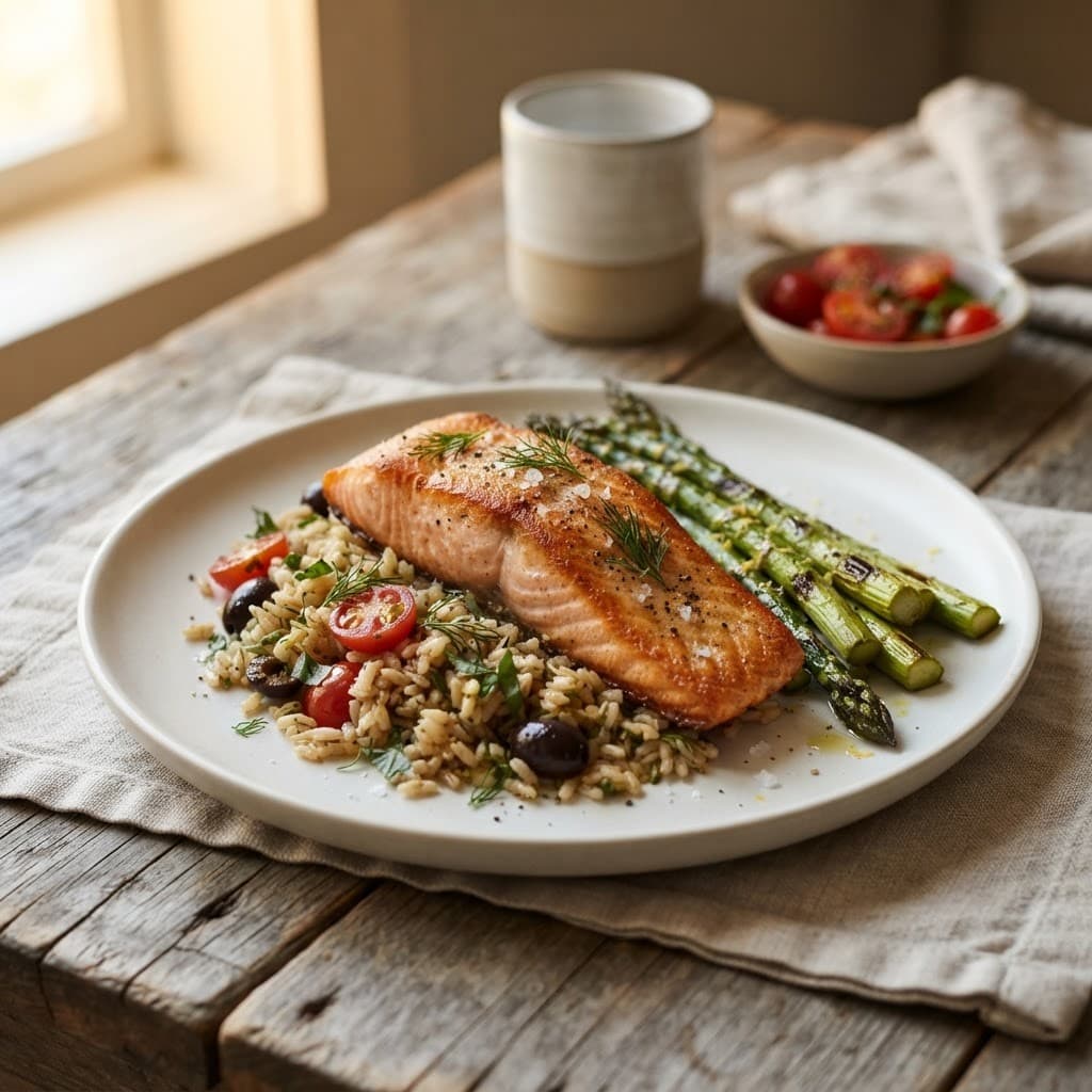 American Baked Salmon with Brown Rice and Asparagus