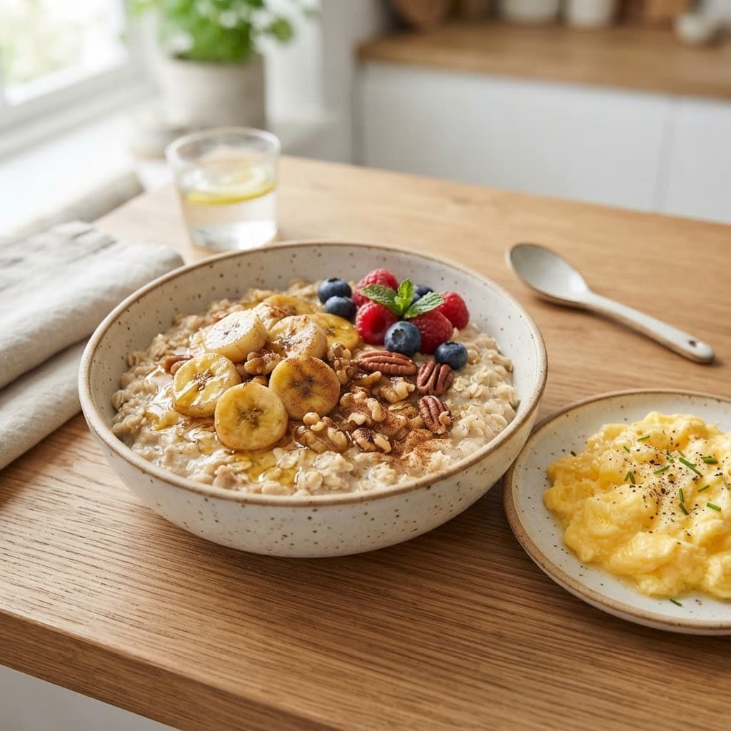 American Banana Cinnamon Oatmeal with Scrambled Eggs
