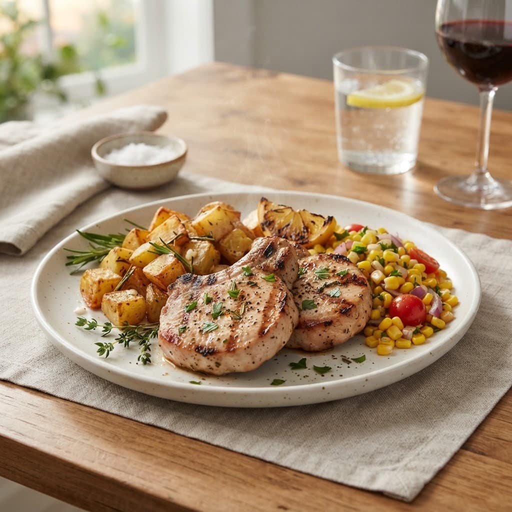 American Grilled Pork Chops with Roasted Potatoes and Corn