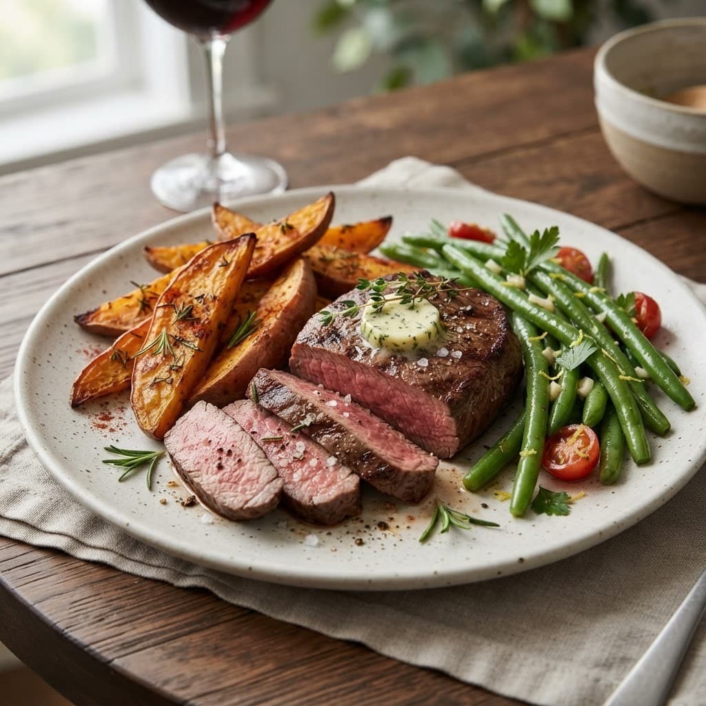 American Steak with Sweet Potatoes and Green Beans