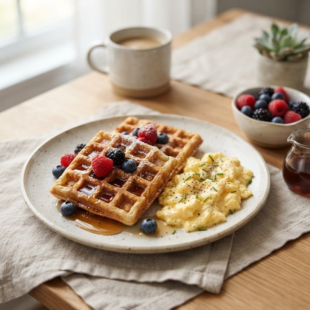 American Waffles with Maple Syrup and Scrambled Eggs