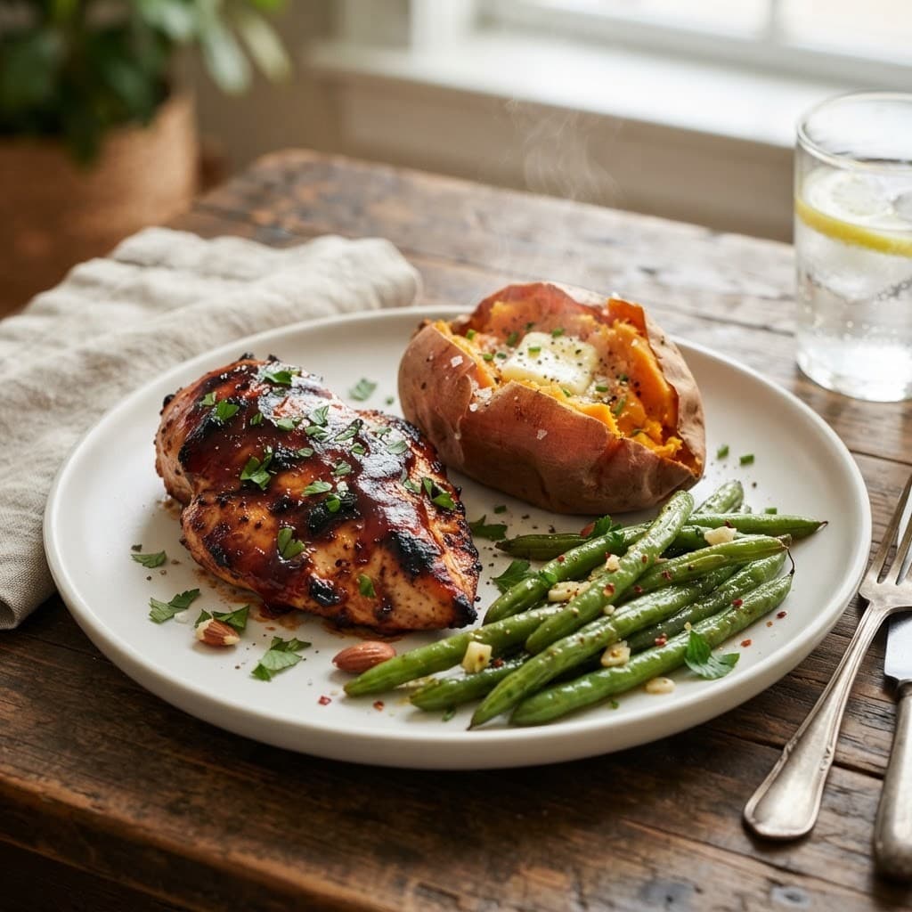 BBQ Glazed Chicken with Baked Sweet Potato and Green Beans