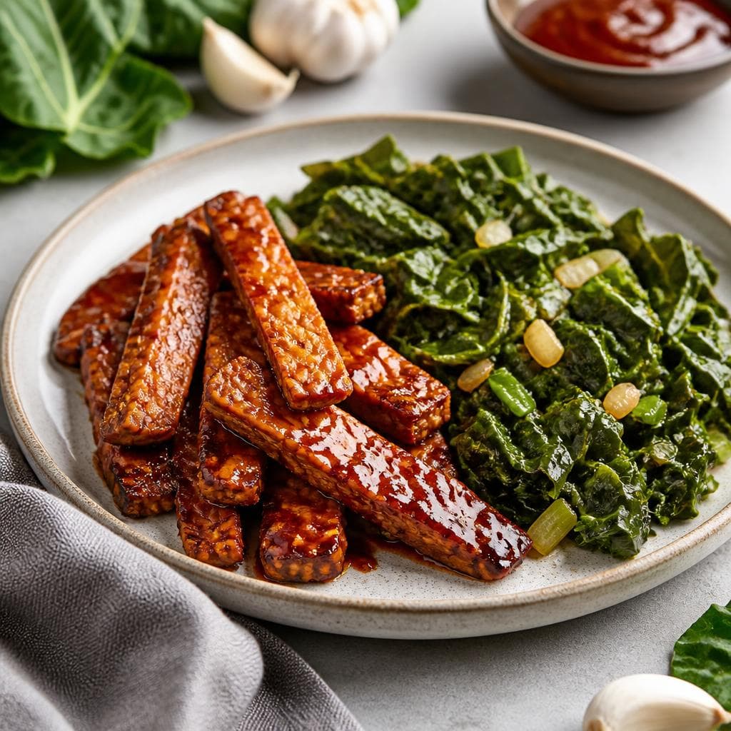 BBQ Tempeh with Braised Collard Greens