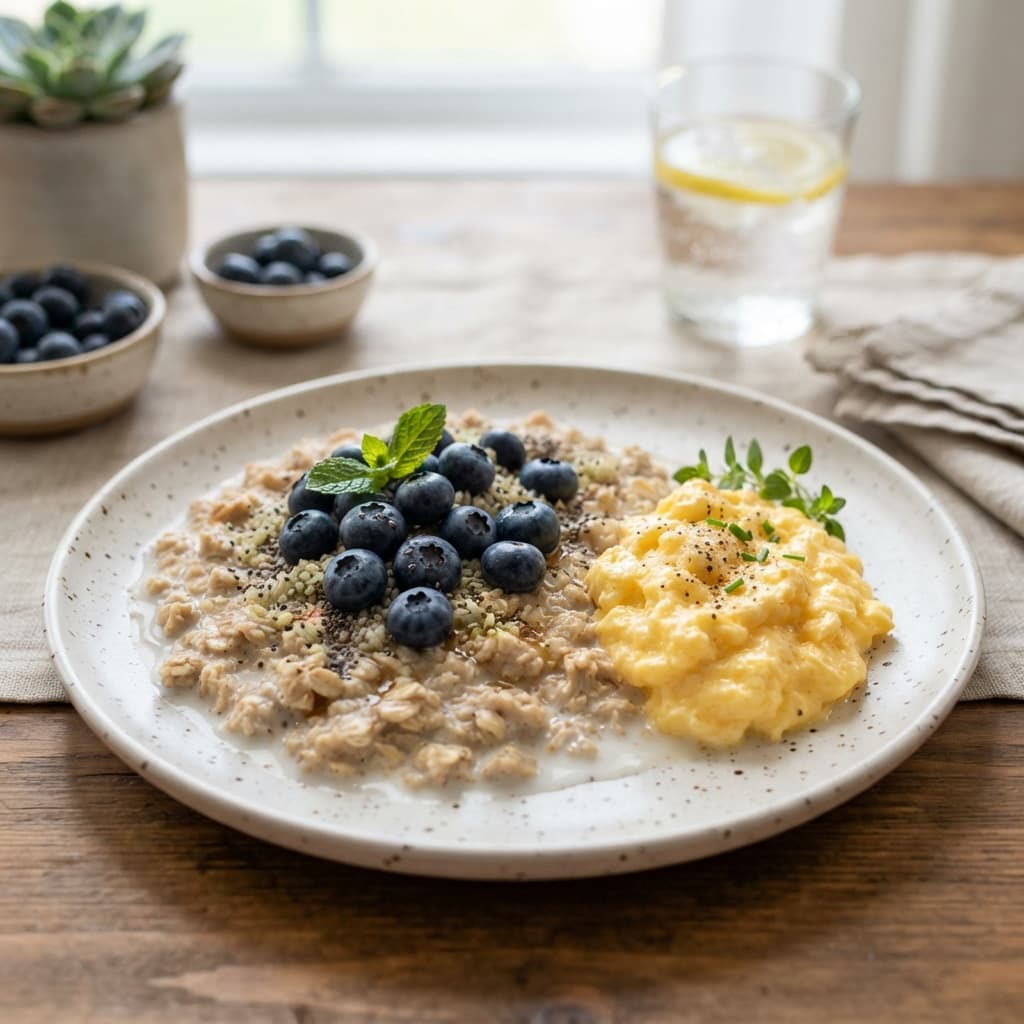 Blueberry Maple Oatmeal with Scrambled Eggs