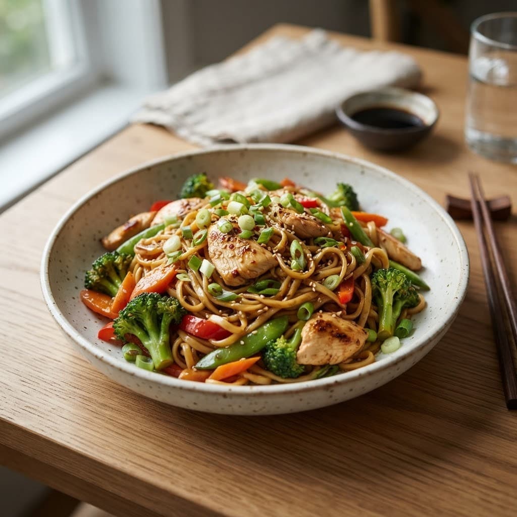 Chinese Garlic Soy Chicken Stir-Fry with Noodles