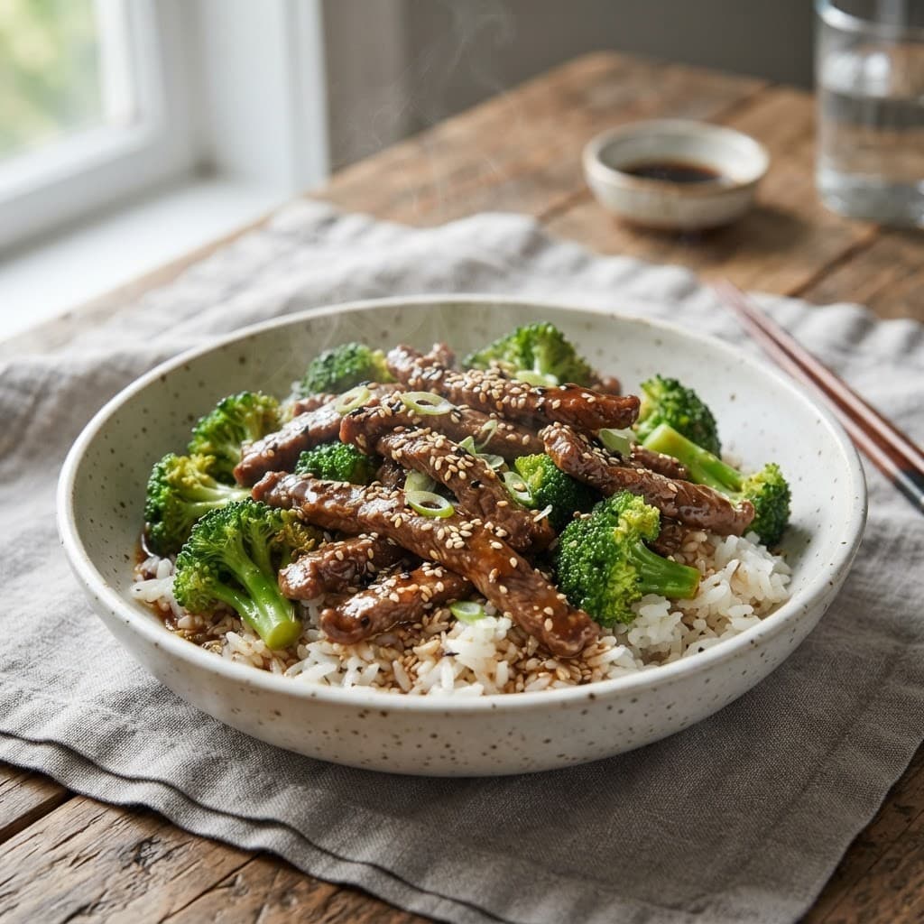 Chinese Sesame Beef and Broccoli with Jasmine Rice