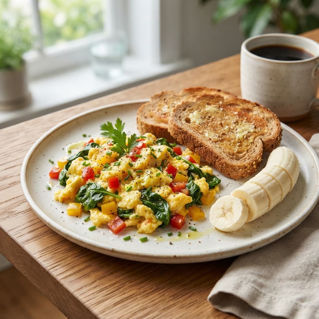 Egg and Veggie Scramble with Toast and Banana