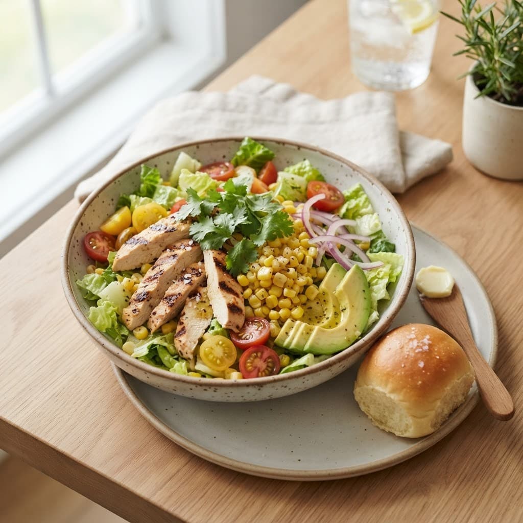 Grilled Chicken and Sweet Corn Salad with Dinner Roll