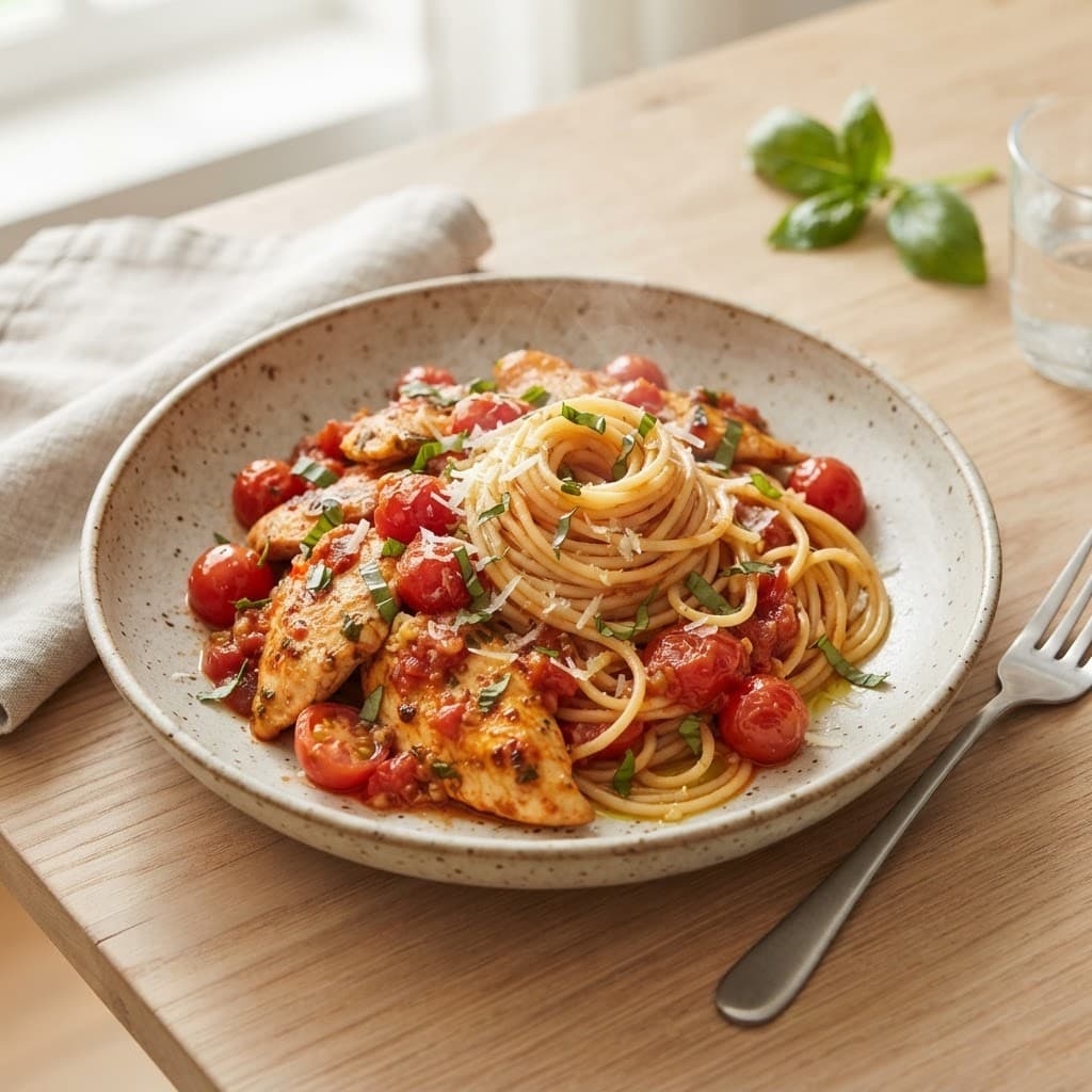 Italian Garlic Tomato Chicken with Spaghetti