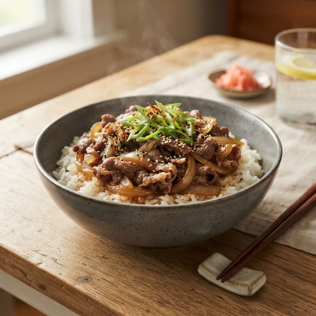 Japanese Sweet Soy Beef and Onion Rice Bowl