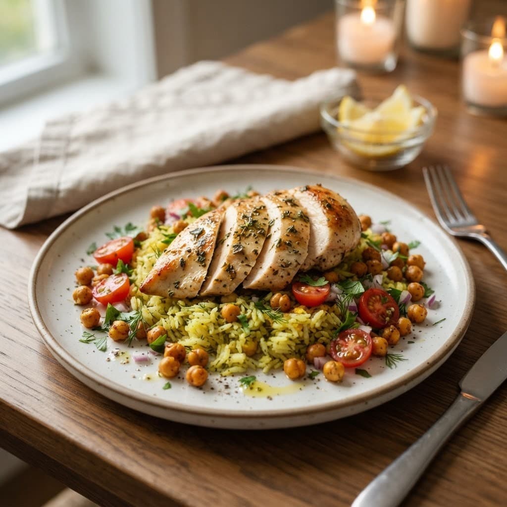 Mediterranean Lemon Herb Rice with Chickpeas and Chicken