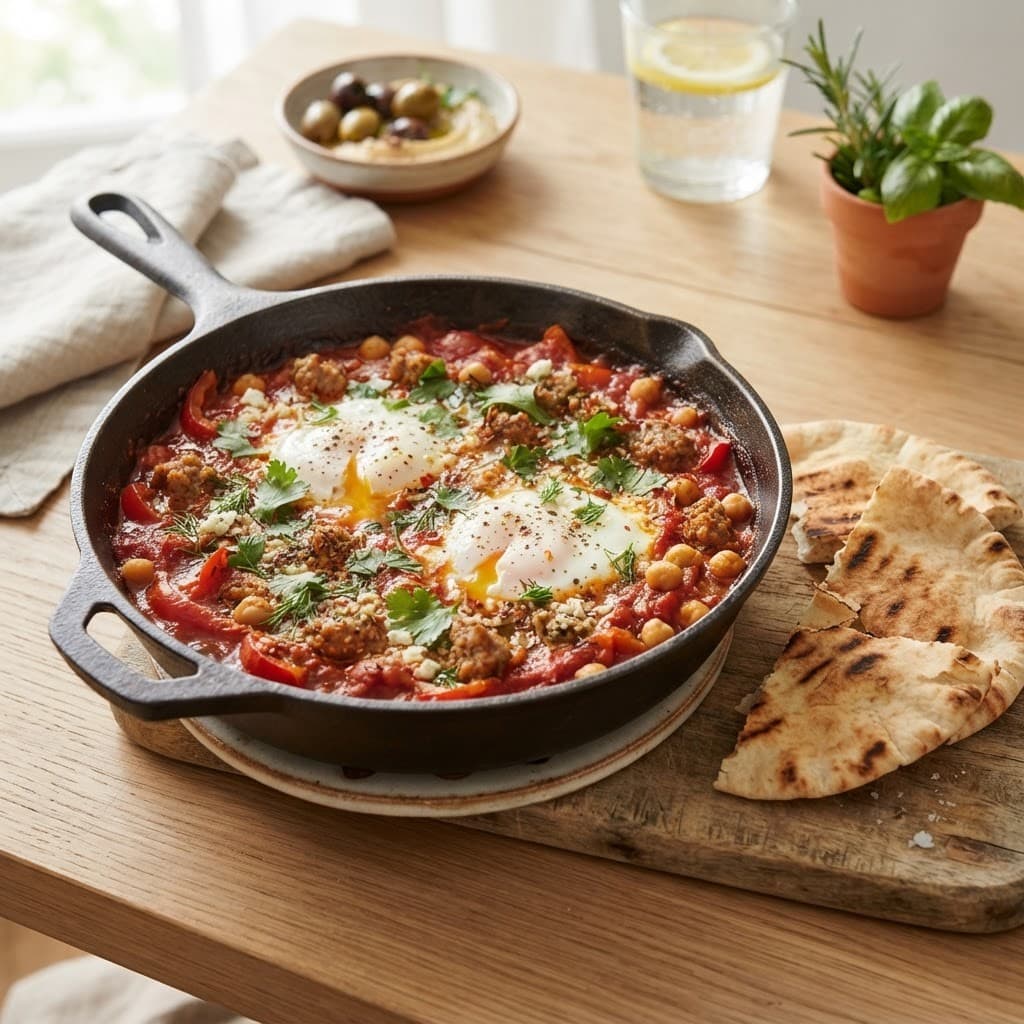 Mediterranean Shakshuka with Turkey Sausage and Pita