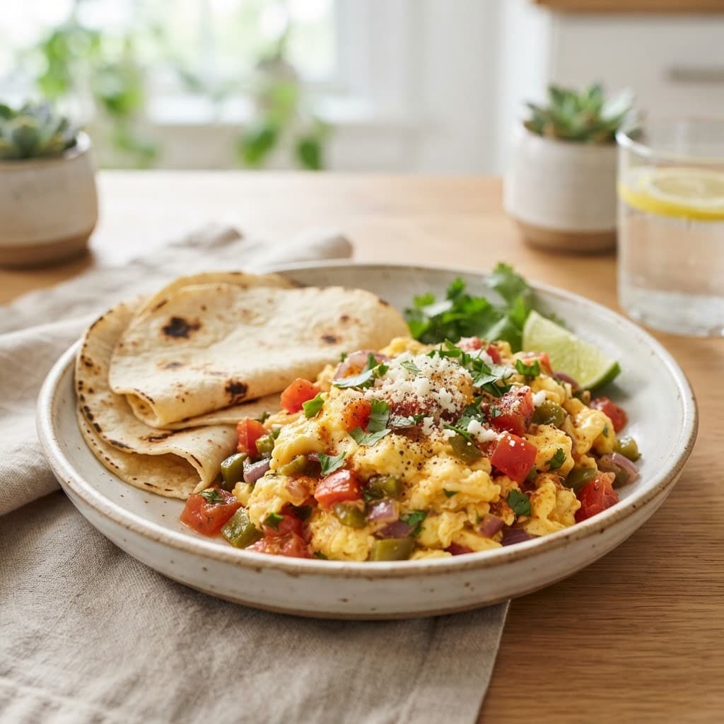 Mexican Scrambled Eggs with Tomatoes, Peppers, and Corn Tortillas