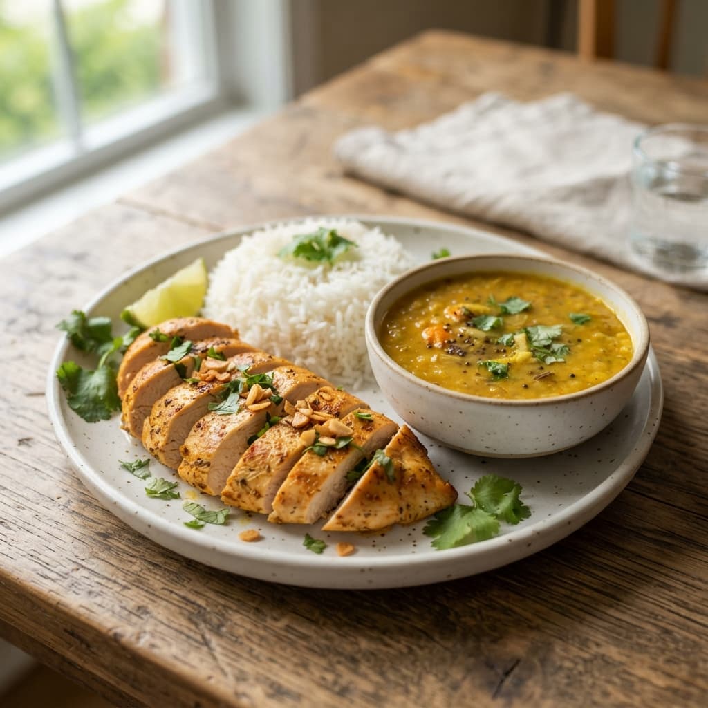 Mild Garlic Chicken Breast with Rice and Dal