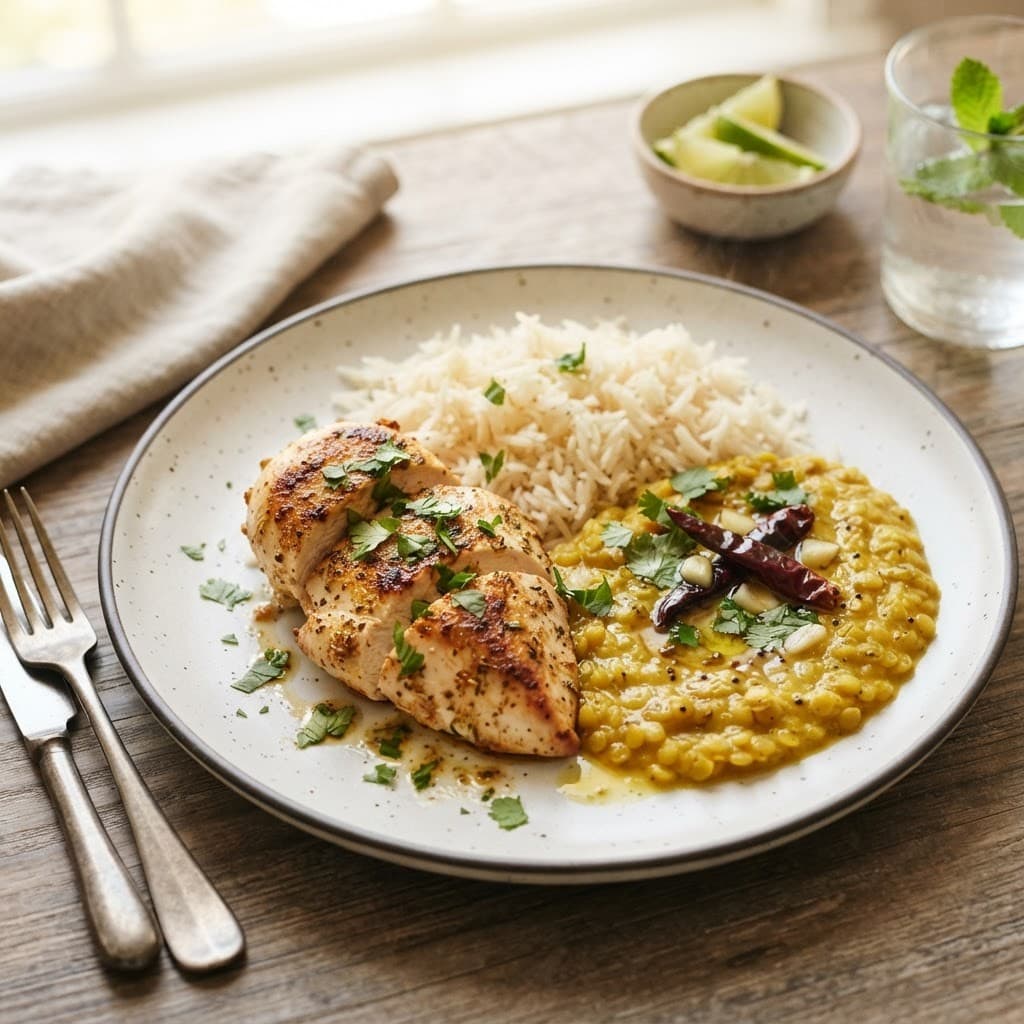 Pan Cooked Chicken Breast with Dal and Rice