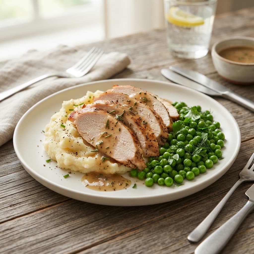 Roasted Turkey Breast with Mashed Potatoes and Peas