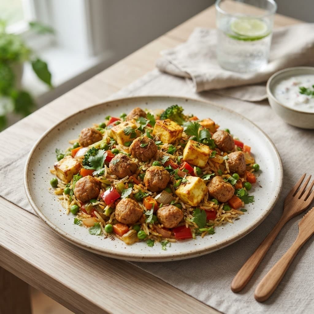 Soya Chunks and Paneer Veggie Rice