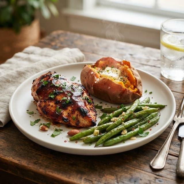 BBQ Glazed Chicken with Baked Sweet Potato and Green Beans