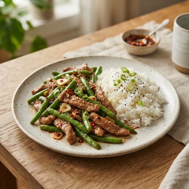 Chinese Stir-Fried Pork and Green Beans with White Rice