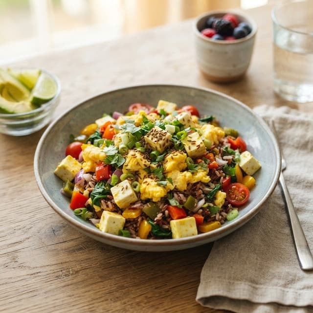 Egg and Paneer Breakfast Rice Hash