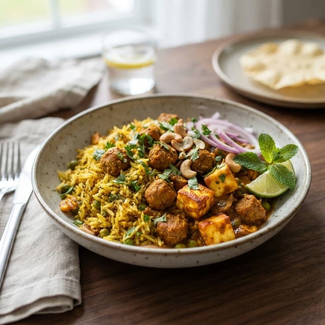 Gentle Spiced Soya Chunks and Paneer Rice