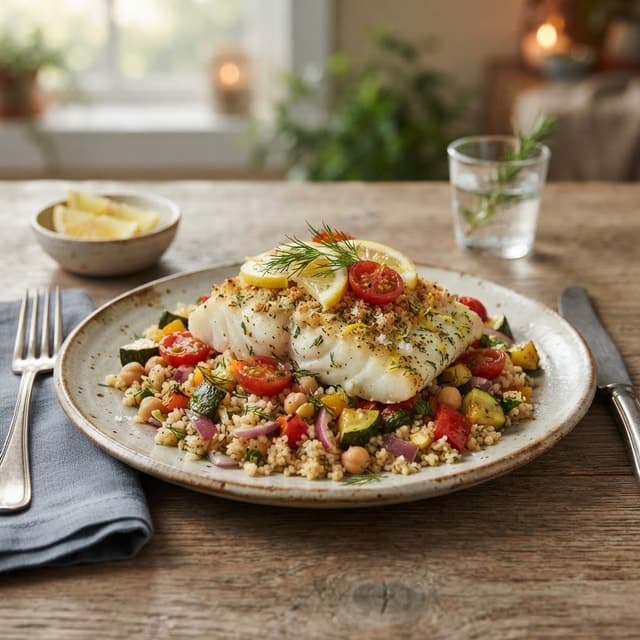 Mediterranean Baked Cod with Lemon Herb Couscous