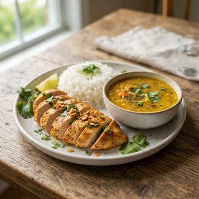 Mild Garlic Chicken Breast with Rice and Dal