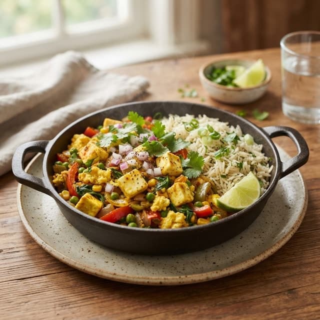 Paneer and Egg Breakfast Skillet with Rice