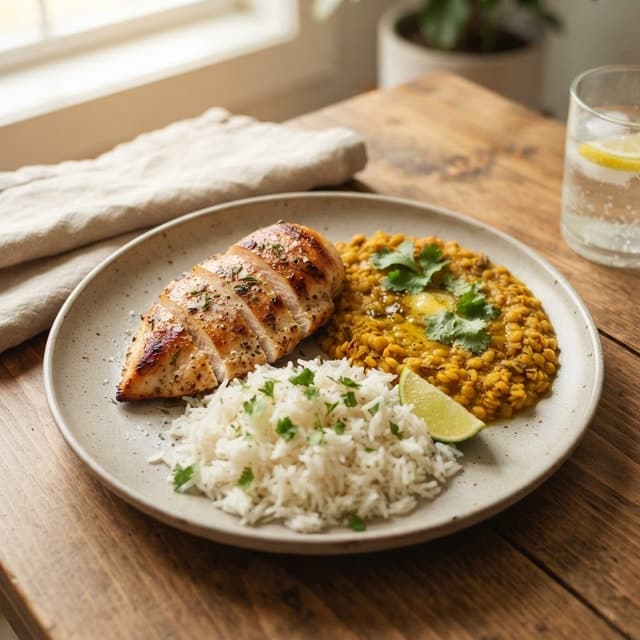 Simple Chicken Breast with Yellow Dal and Steamed Rice